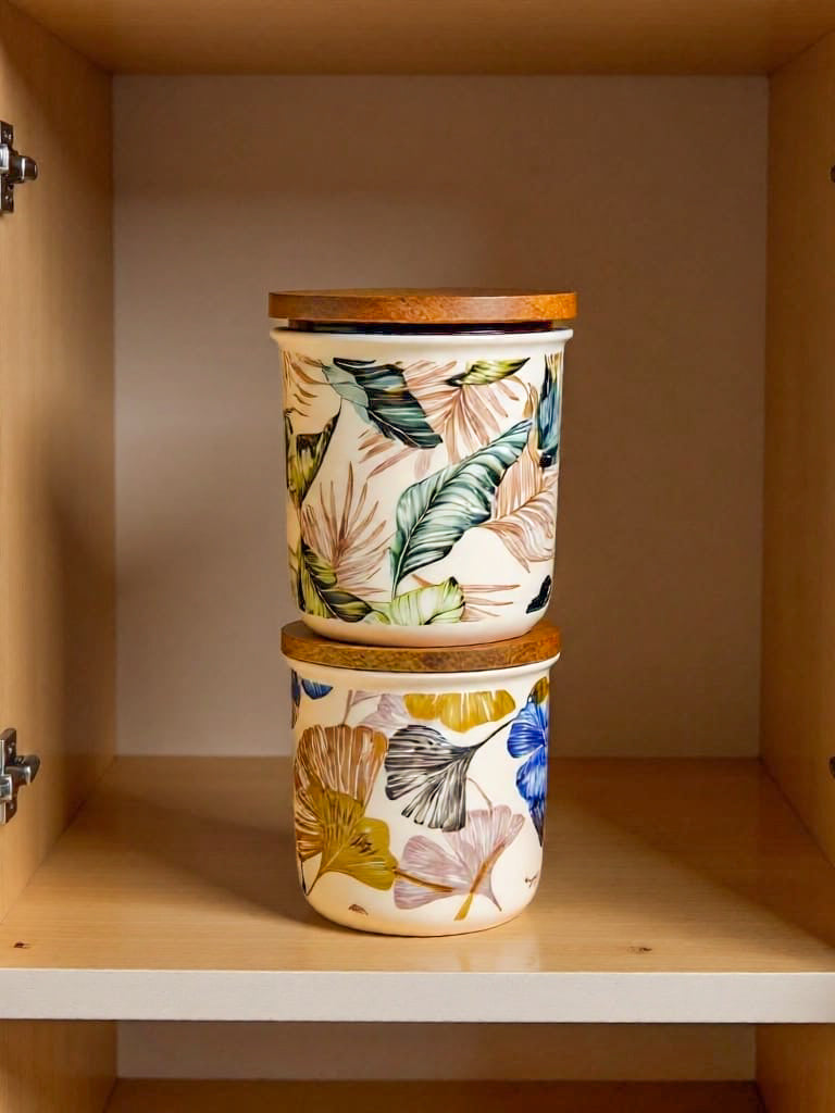 Abstract Ceramic Airtight Canister With Wooden Lid -PRICED TO CLEAR
