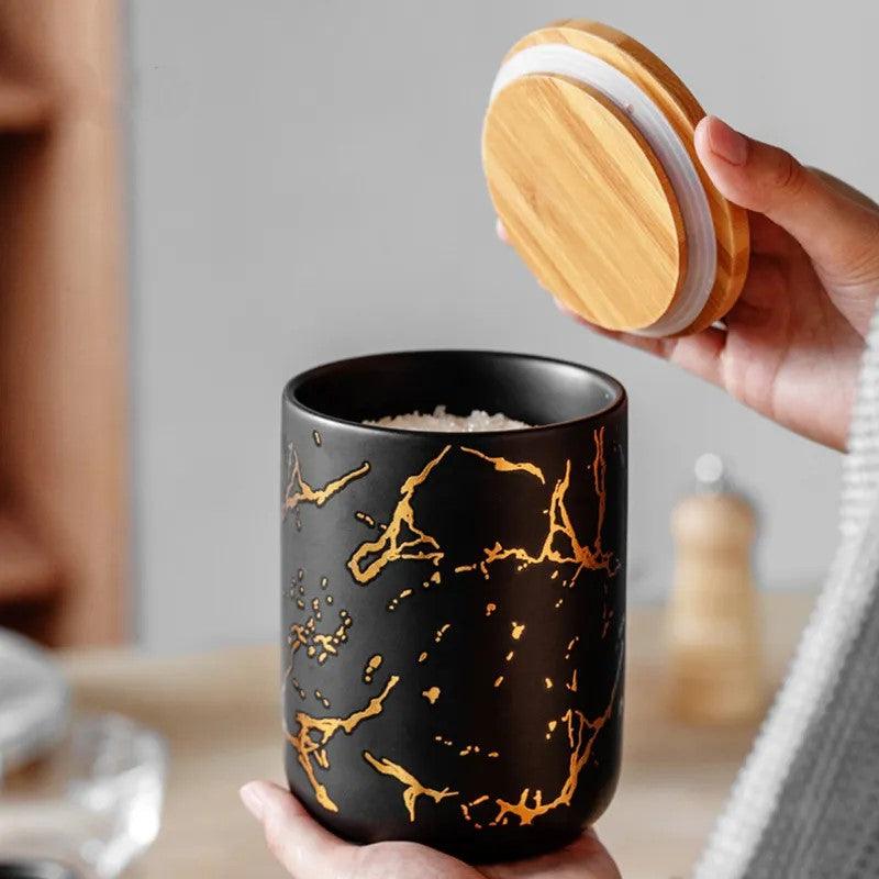 Ceramic Marble Design Black Canister Set - Home And Trends