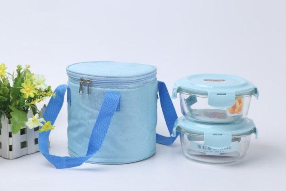 x2 Glass Food Container Set (Lockable Lid) with Insulated Lunch Bag - Blue 3pc set