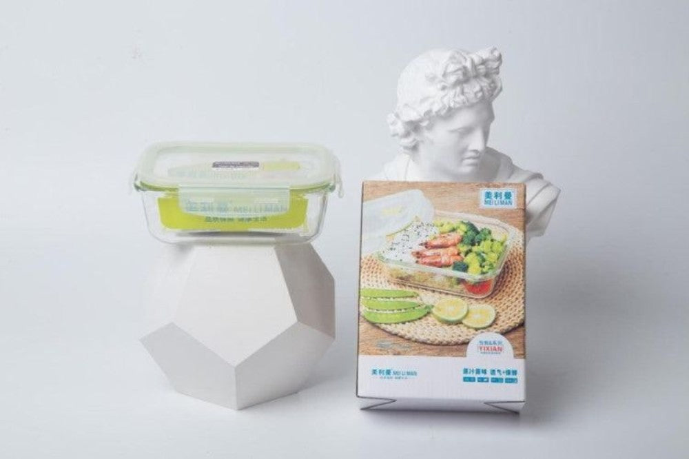 Glass Rect Food Container with Lockable Lid-Green