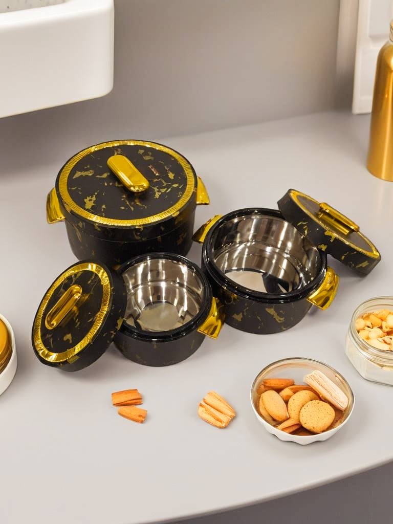 Food Flask/warmer Blk and Gold Marble Effect Round w/handles Set of 3 PROMO OFFER