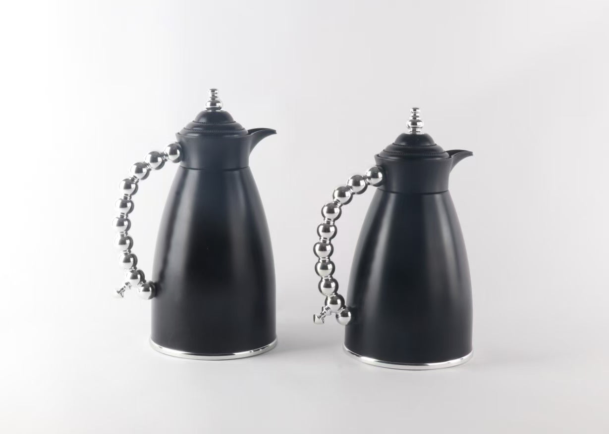 Flasks- Modern Designer collection with "beaded" handles Set of Two Blk/silver