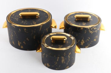 Food Flask/warmer Blk and Gold Marble Effect Round w/handles Set of 3