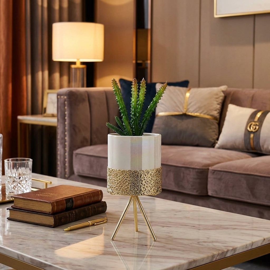 Large desktop plant holder With Gold Detailing Pearl Design