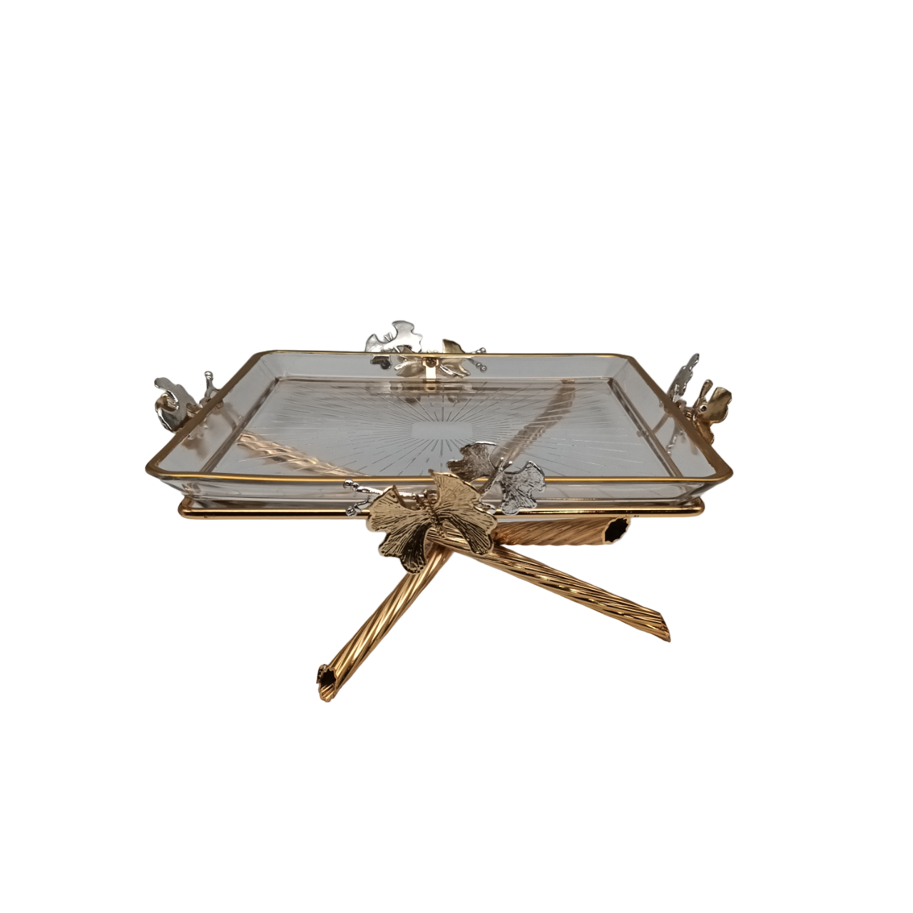 Large Square Golden Platter with Cross Legs