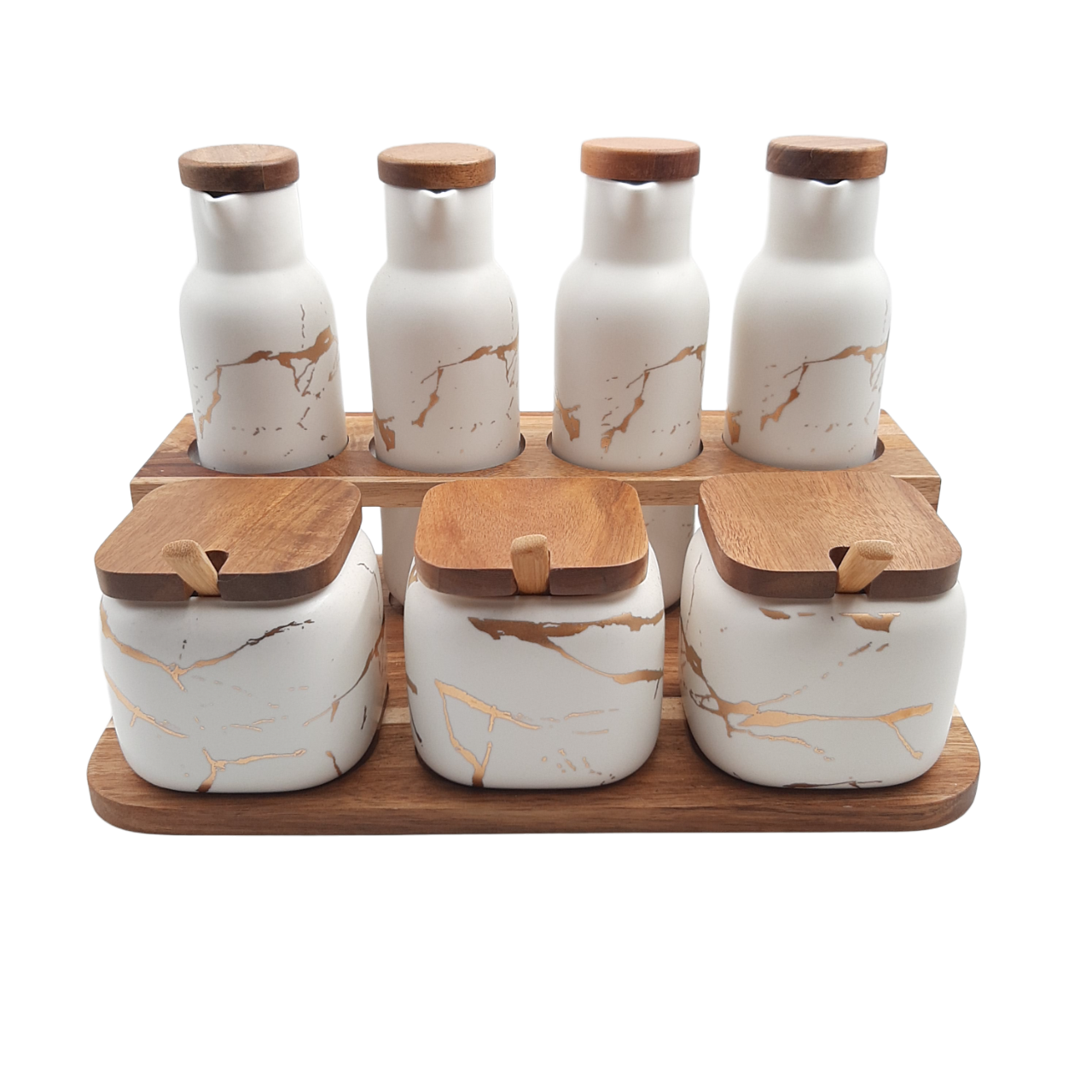 Marble Design Oil and Condiment set on wood stand - CLEARANCE DEAL