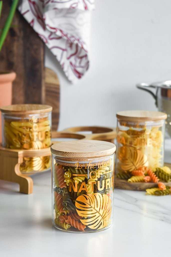 3pc Glass Jar Set on Wooden Stand - Golden Nature Detail - Home And Trends