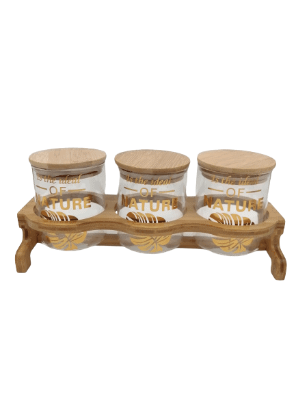 3pc Glass Jar Set on Wooden Stand - Golden Nature Detail - Home And Trends