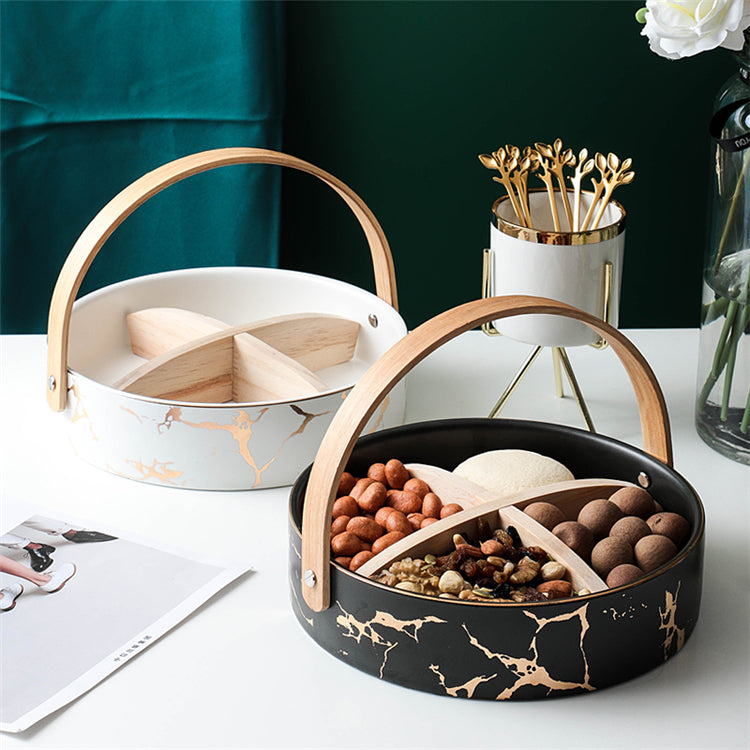 Marble Style Snack Bowl with wooden handle and removeable compartments - CLEARANCE DEAL