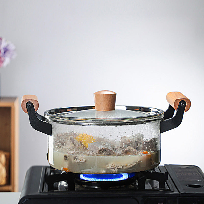 Glass Pot with Wooden & Metal Handles