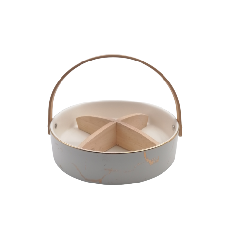 Marble Style Snack Bowl with wooden handle and removeable compartments - CLEARANCE DEAL