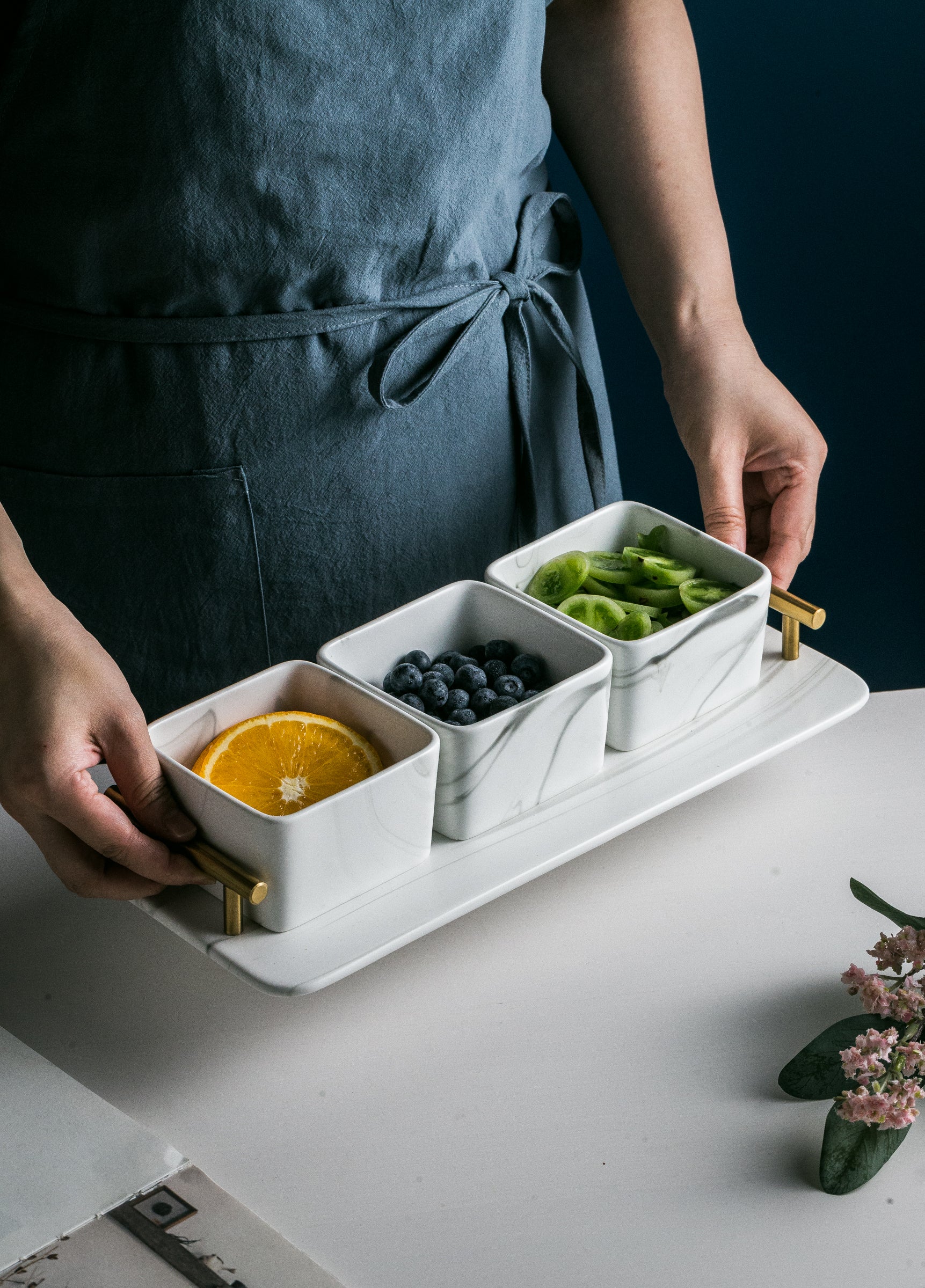 Marble Design Snack Bowl Set with Rectangular Tray - Home And Trends