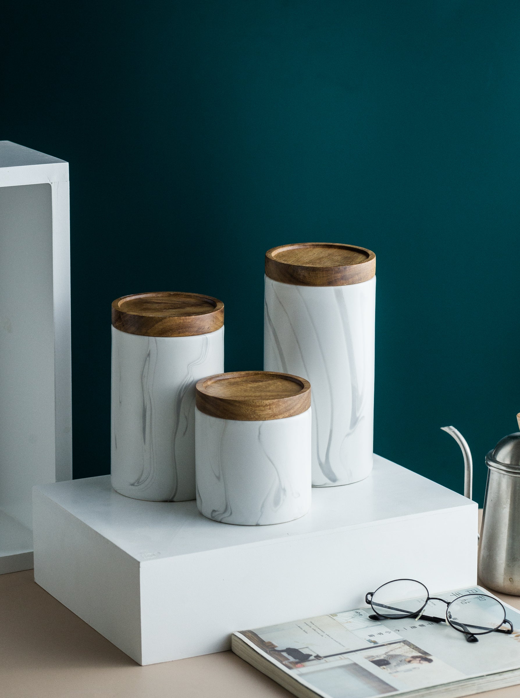 Marble Design Canister with Wooden Lid - Grey