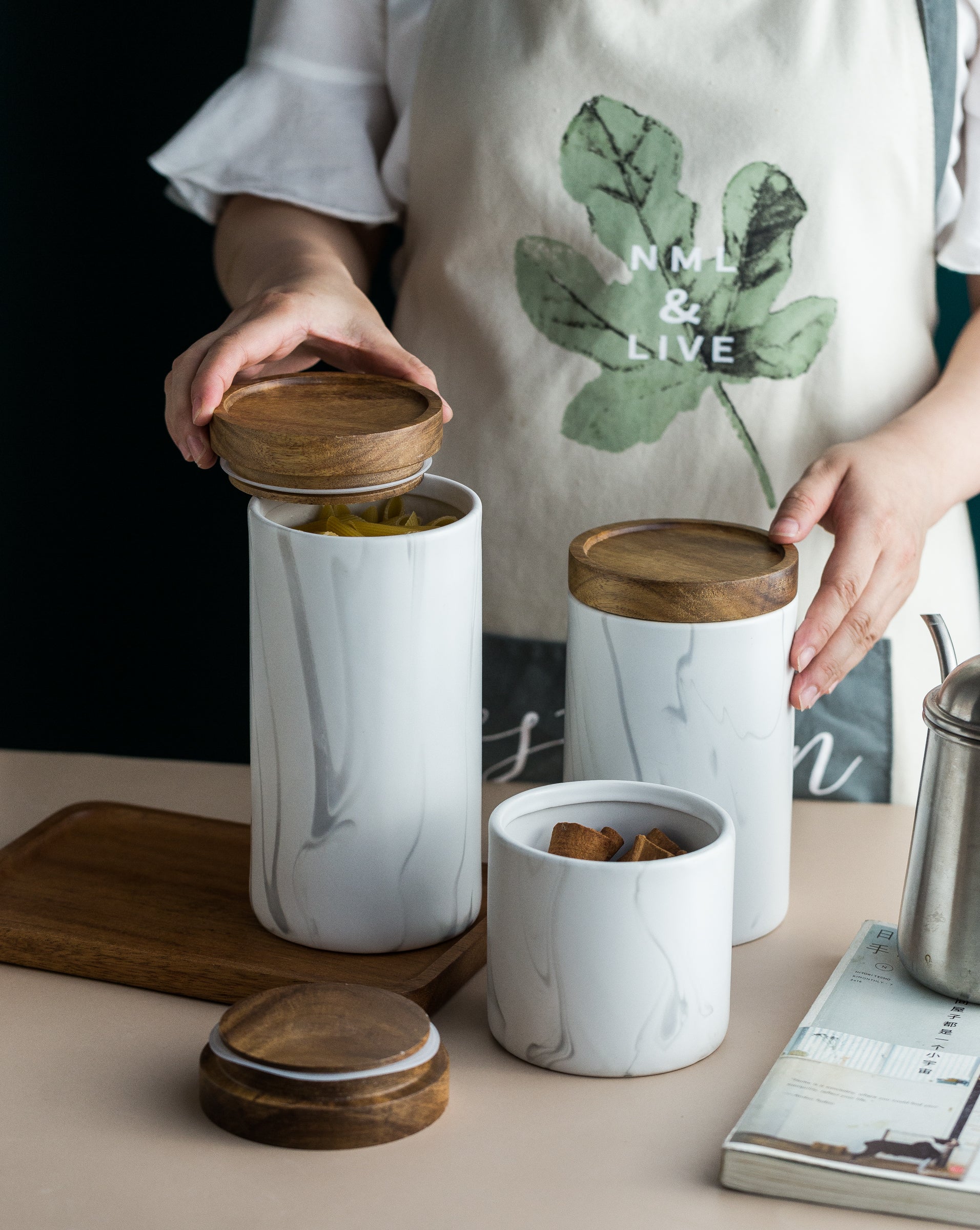 Marble Design Canister with Wooden Lid - Grey - Clearance offer !