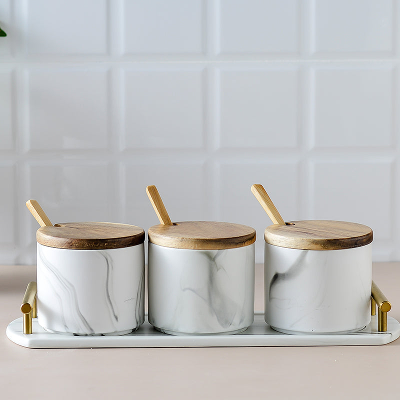 Round Marble Design Condiment Set with Tray and Spoons