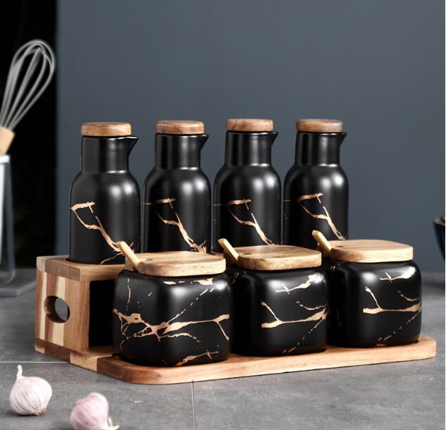 Marble Design Oil and Condiment set on wood stand - CLEARANCE DEAL