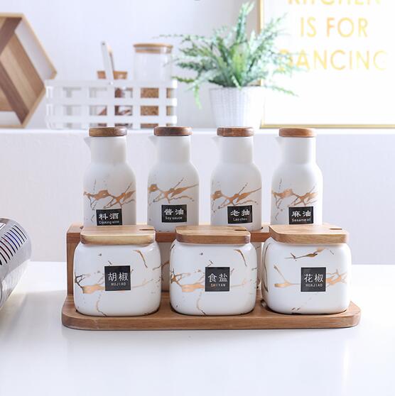 Marble Design Oil and Condiment set on wood stand - CLEARANCE DEAL