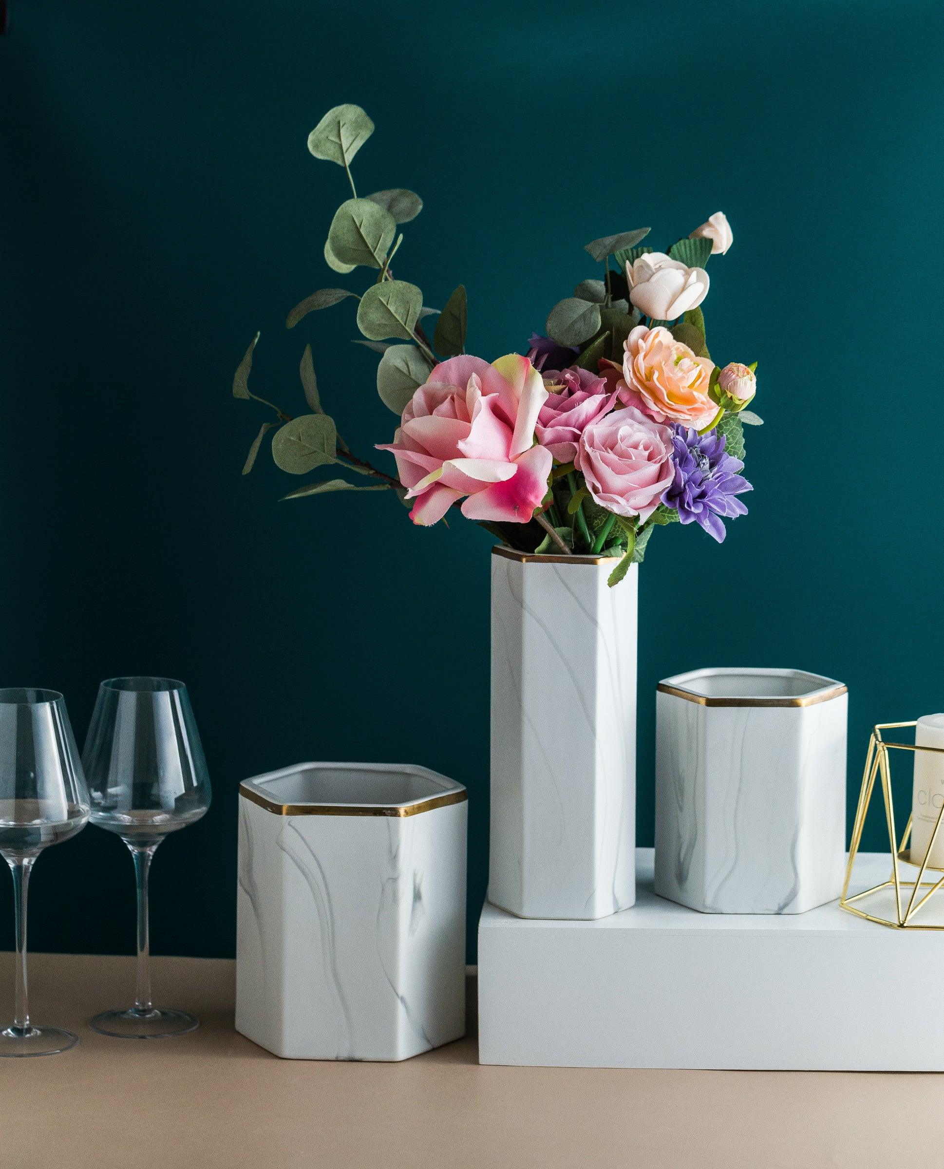 Ceramic Marble Style Hexagonal Shaped Vase - Home And Trends