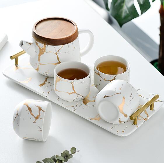 Ceramic Marble Tea Set with Rectangular Tray