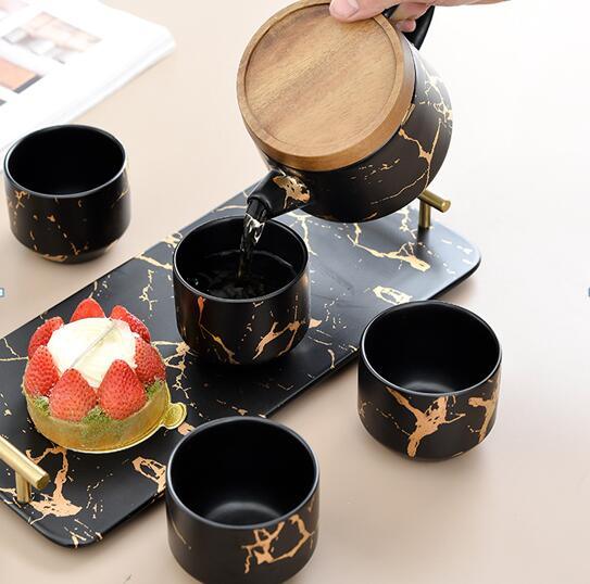 Ceramic Marble Tea Set with Rectangular Tray - Home And Trends