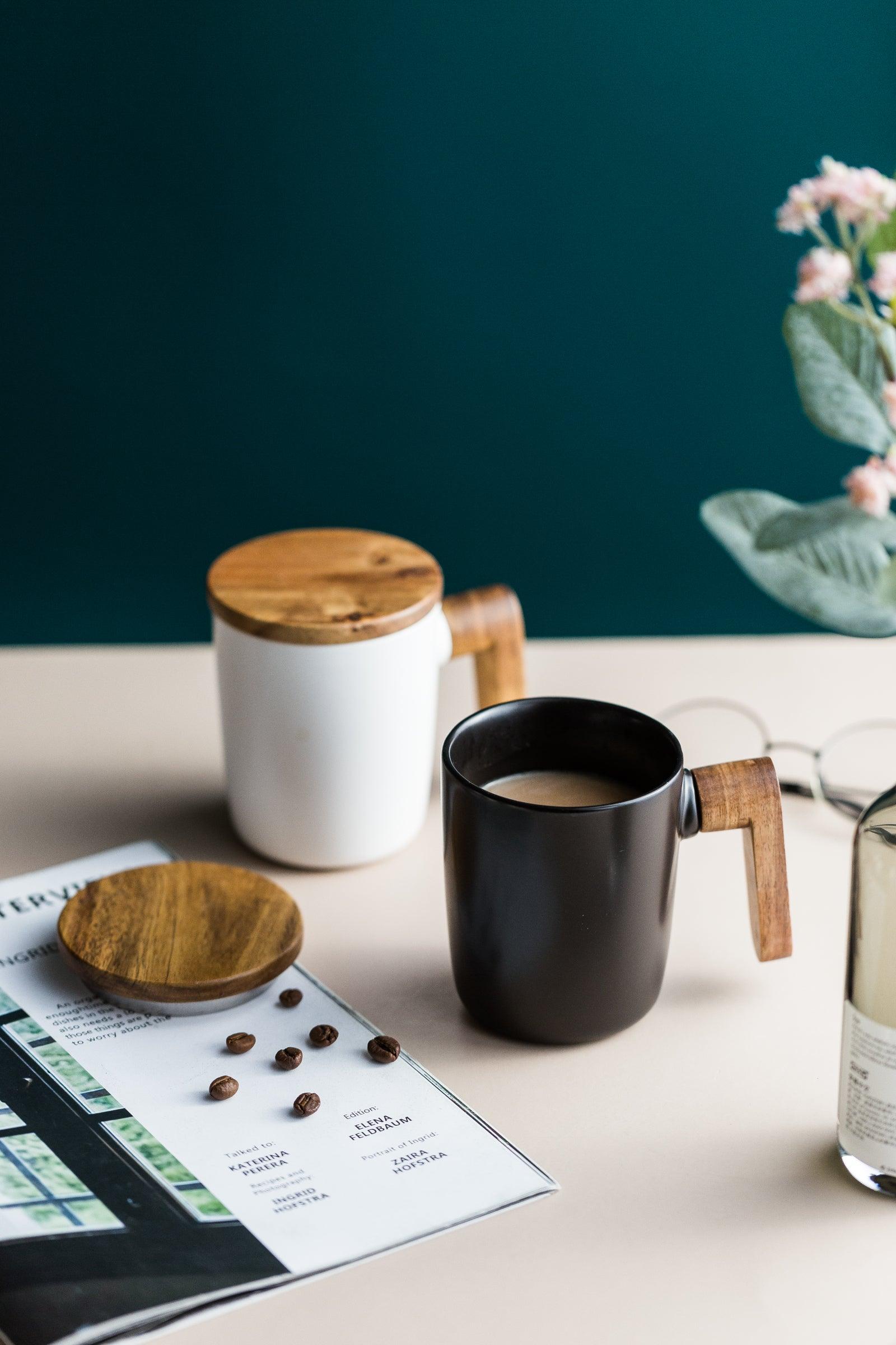 Ceramic Mug with Wooden Lid and Handle