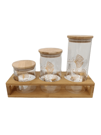 Glass Jar Set on Wooden Stand - Leaf Detail - Home And Trends