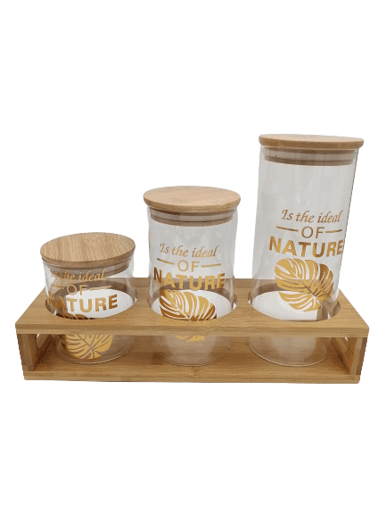 Glass Jar Set on Wooden Stand - Nature Detail - Home And Trends