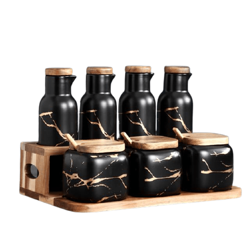 Marble Design Oil and Condiment set on wood stand - CLEARANCE DEAL