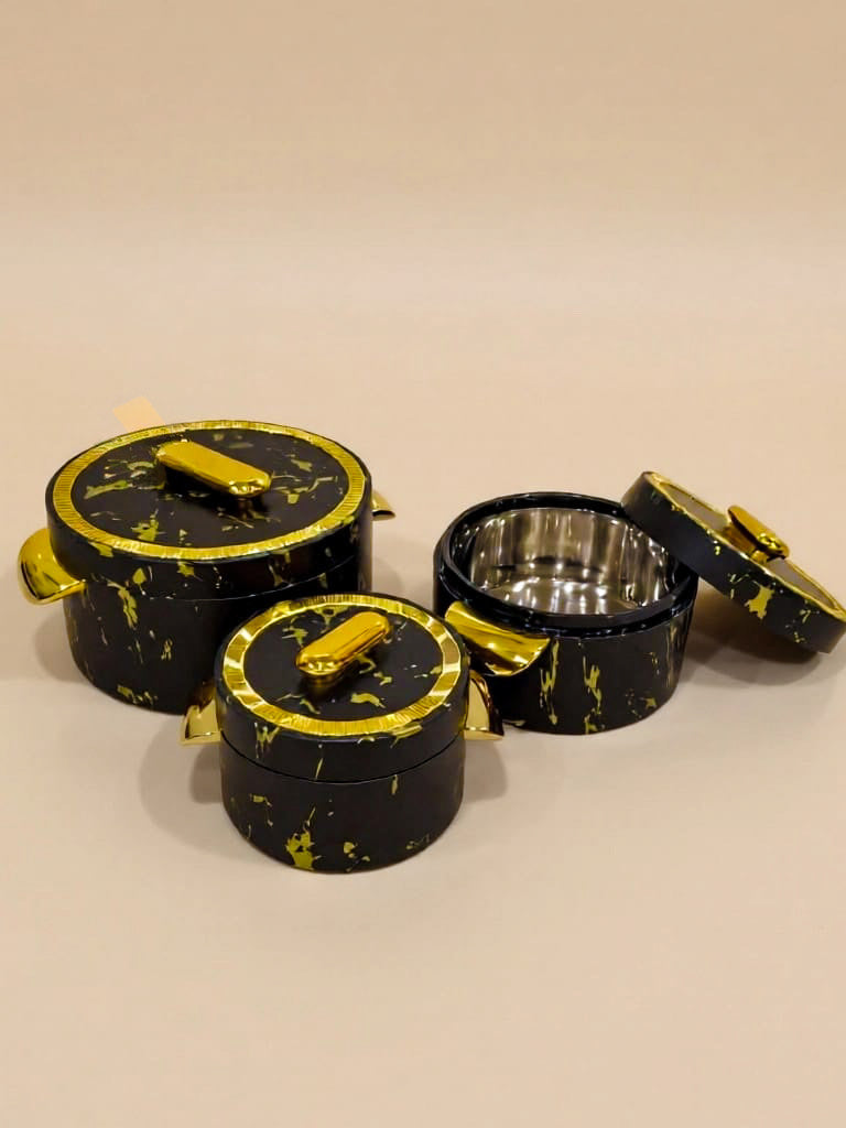 Food Flask/warmer Blk and Gold Marble Effect Round w/handles Set of 3 PROMO OFFER