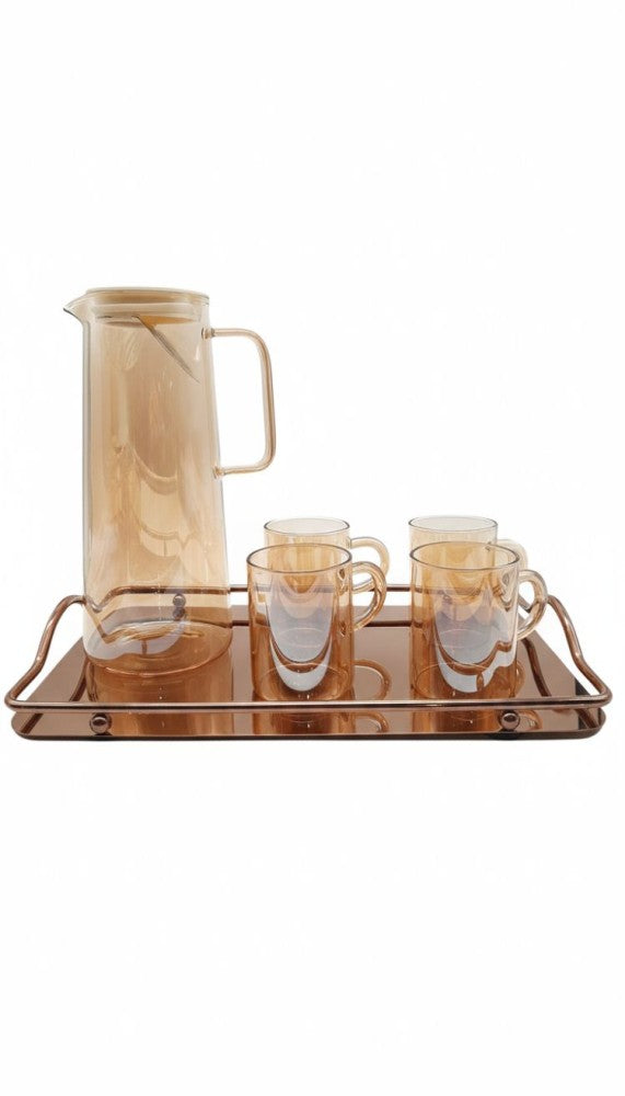 Glass Pitcher Set with Mirror Tray-AMBER