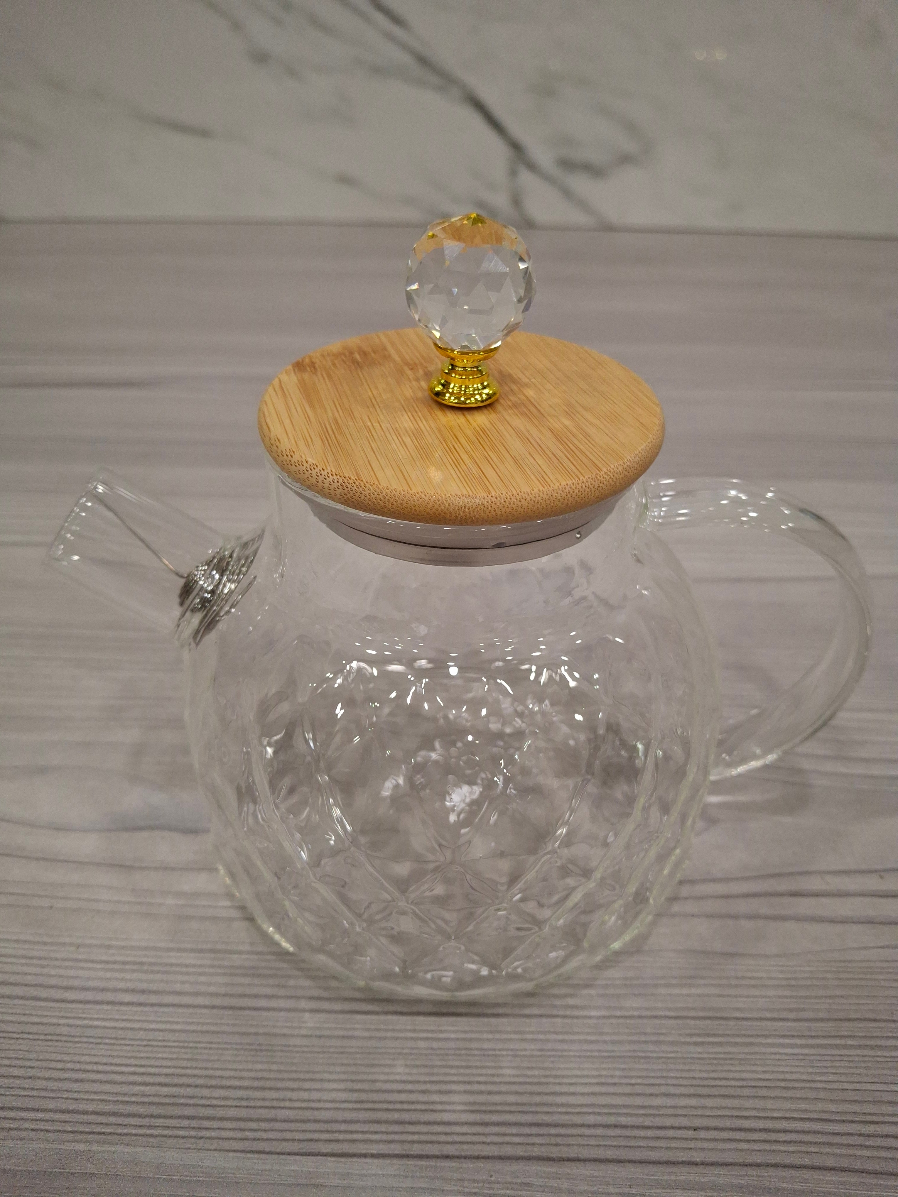Kettle -heat resistant glass with wood lid crystal knob 1 liter