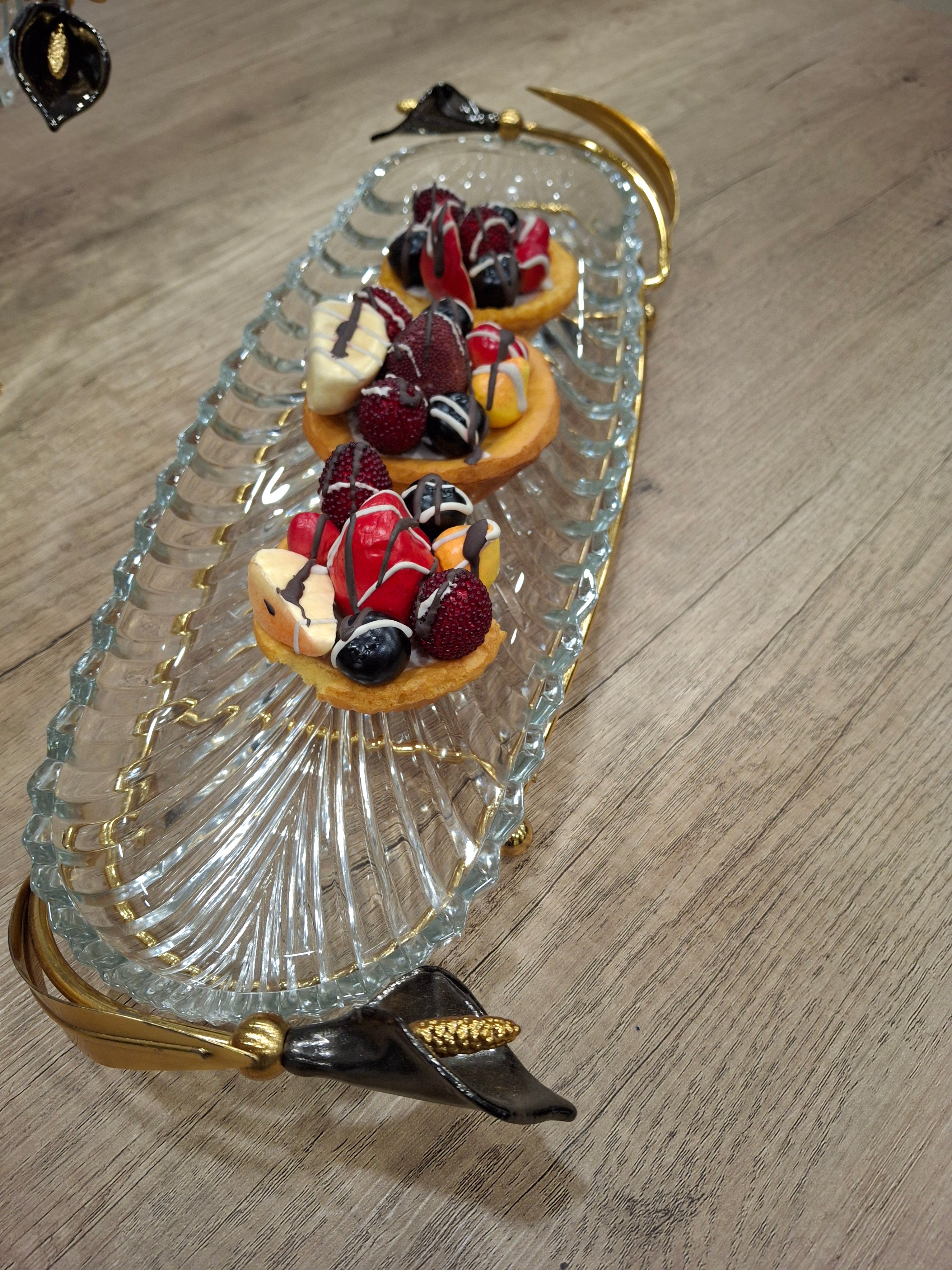 Shaped Glass  Platter on golden stand with Black Lilly detail - END OF RANGE PRICED TO CLEAR
