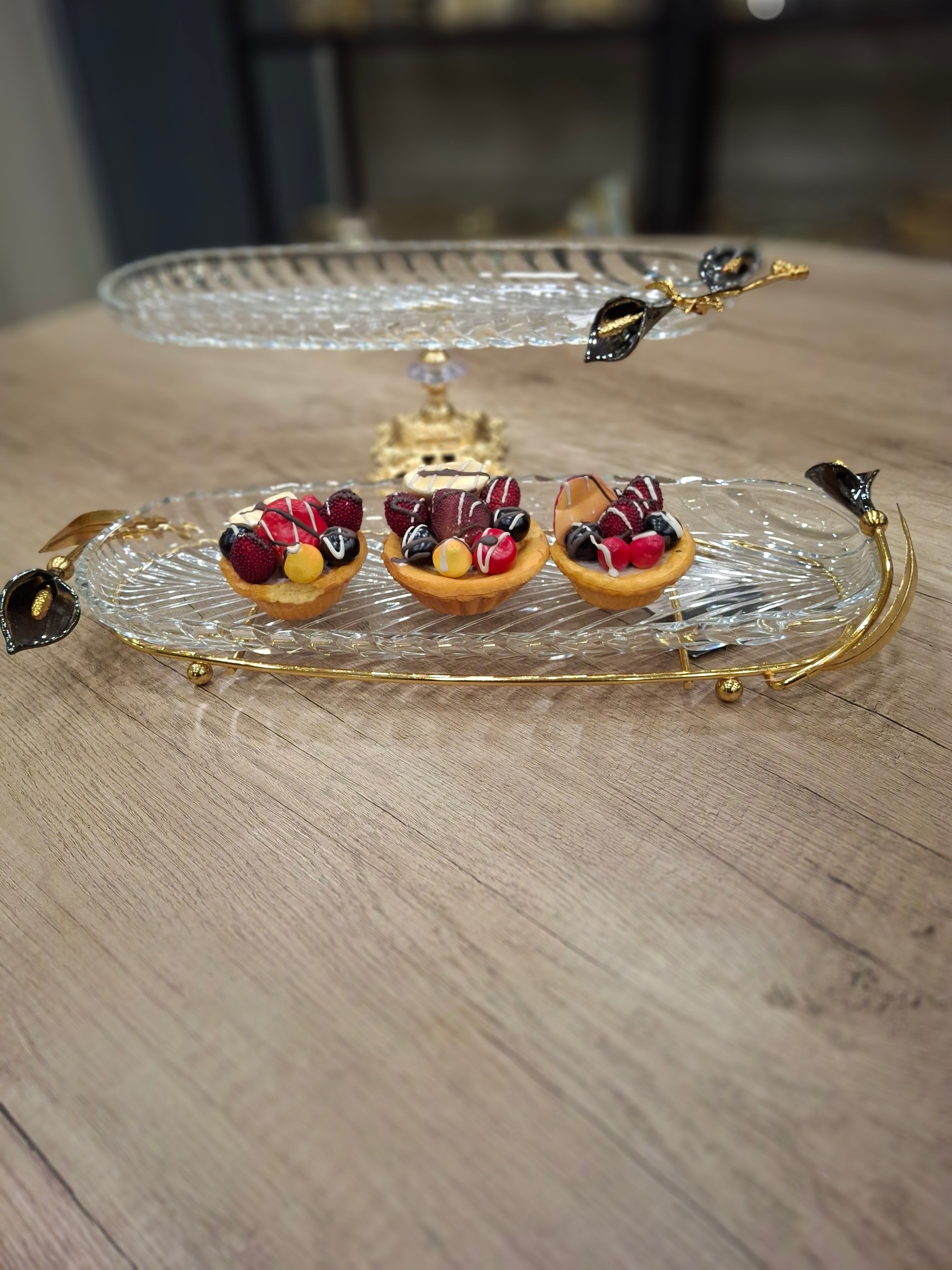 Shaped Glass  Platter on golden stand with Black Lilly detail - END OF RANGE PRICED TO CLEAR