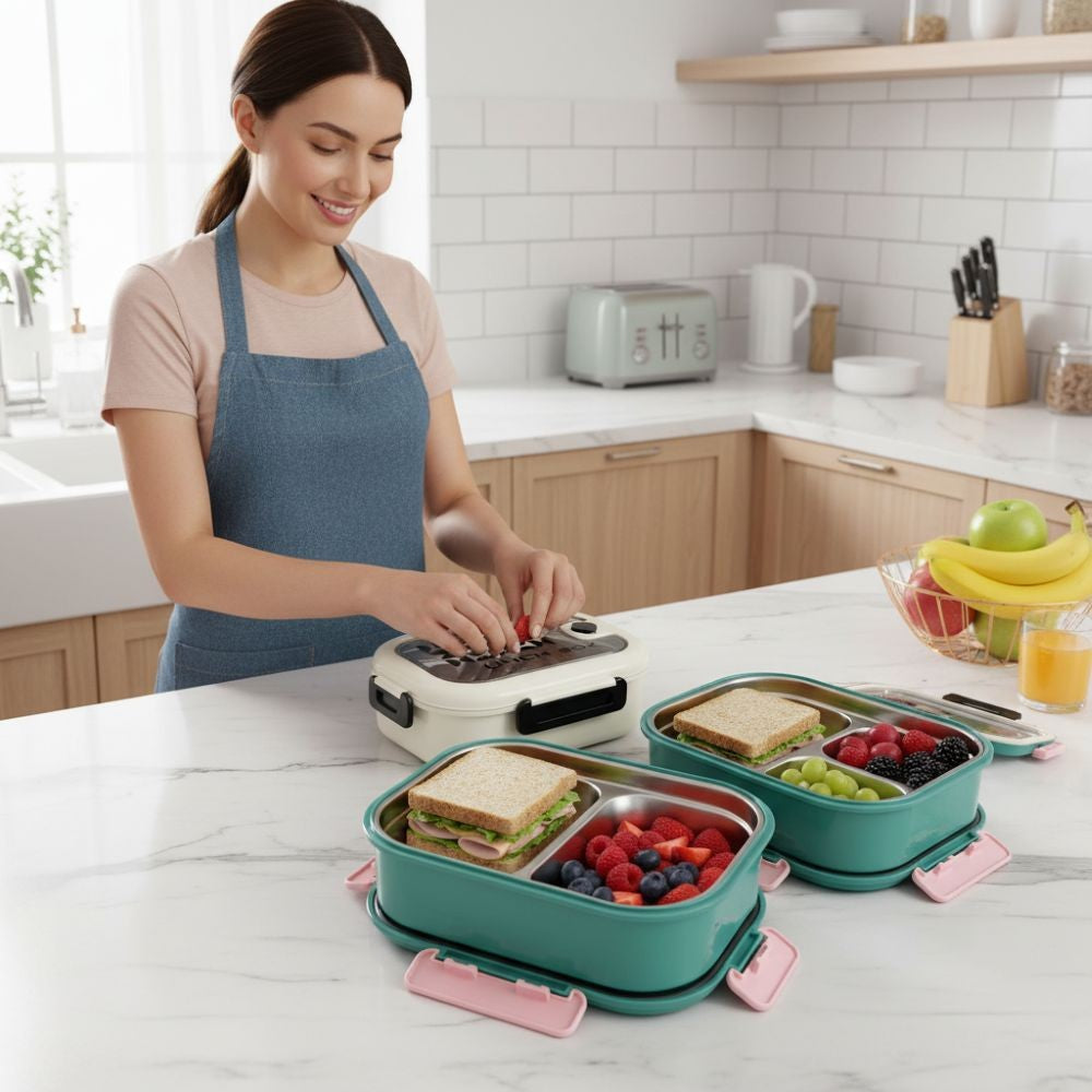 Large Stainless Steel Lunch Box 2div removable inner clip lock sid