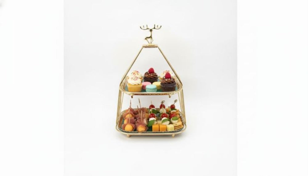 Two Tier Reindeer Server With Golden Detail-GREEN