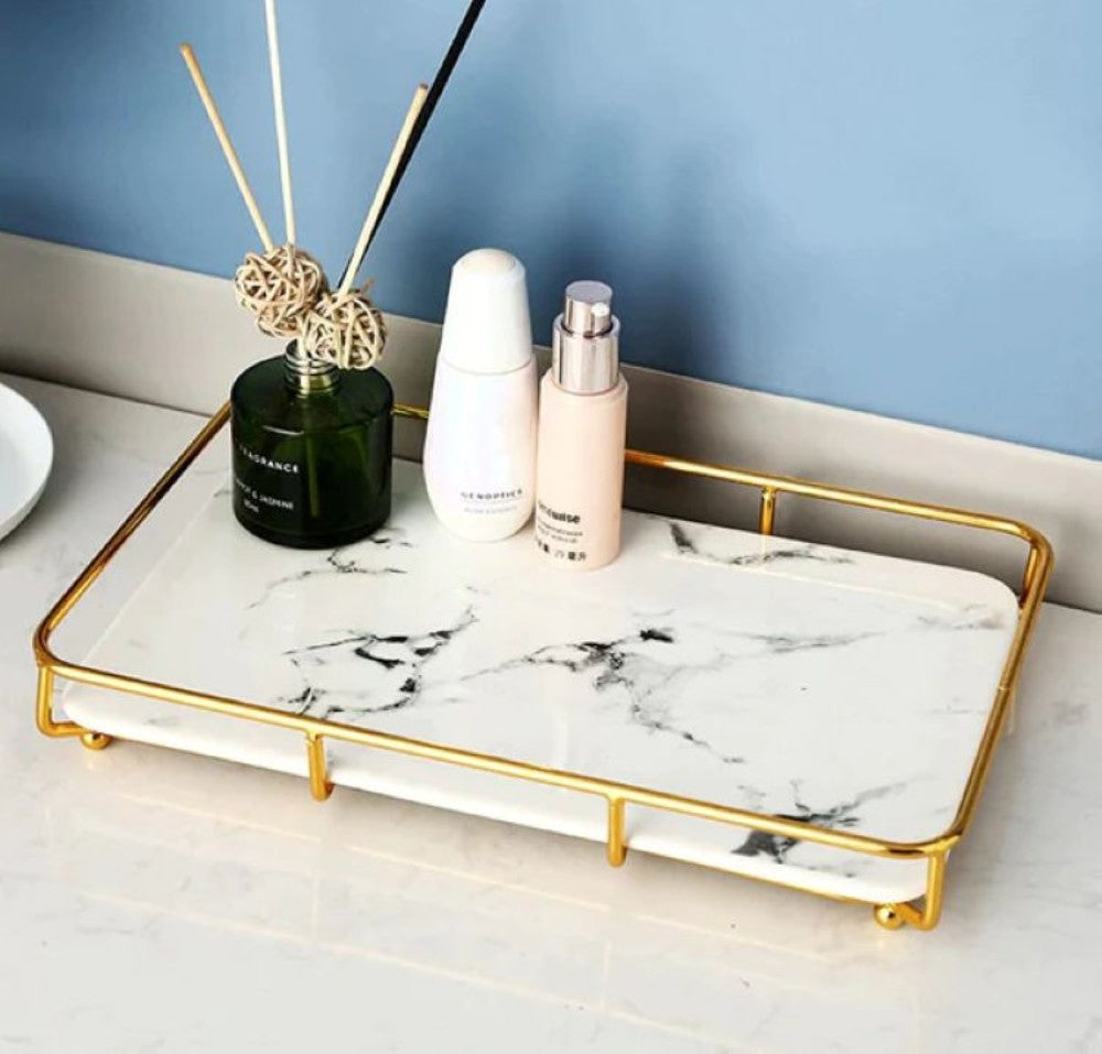 Marble Design Rectangular Display Tray on golden metal stand
