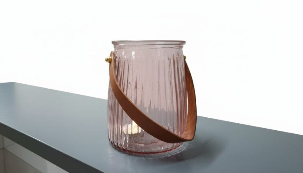 Vase short grey lines with leather look handle