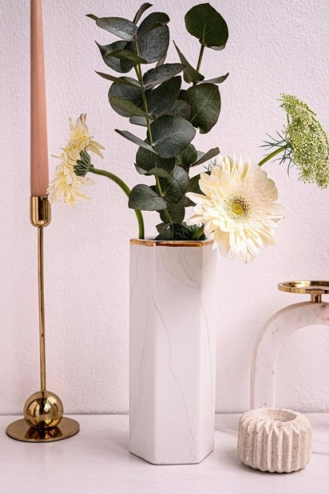Designer- Marble Style Hexagonal Shaped Vase with golden rim