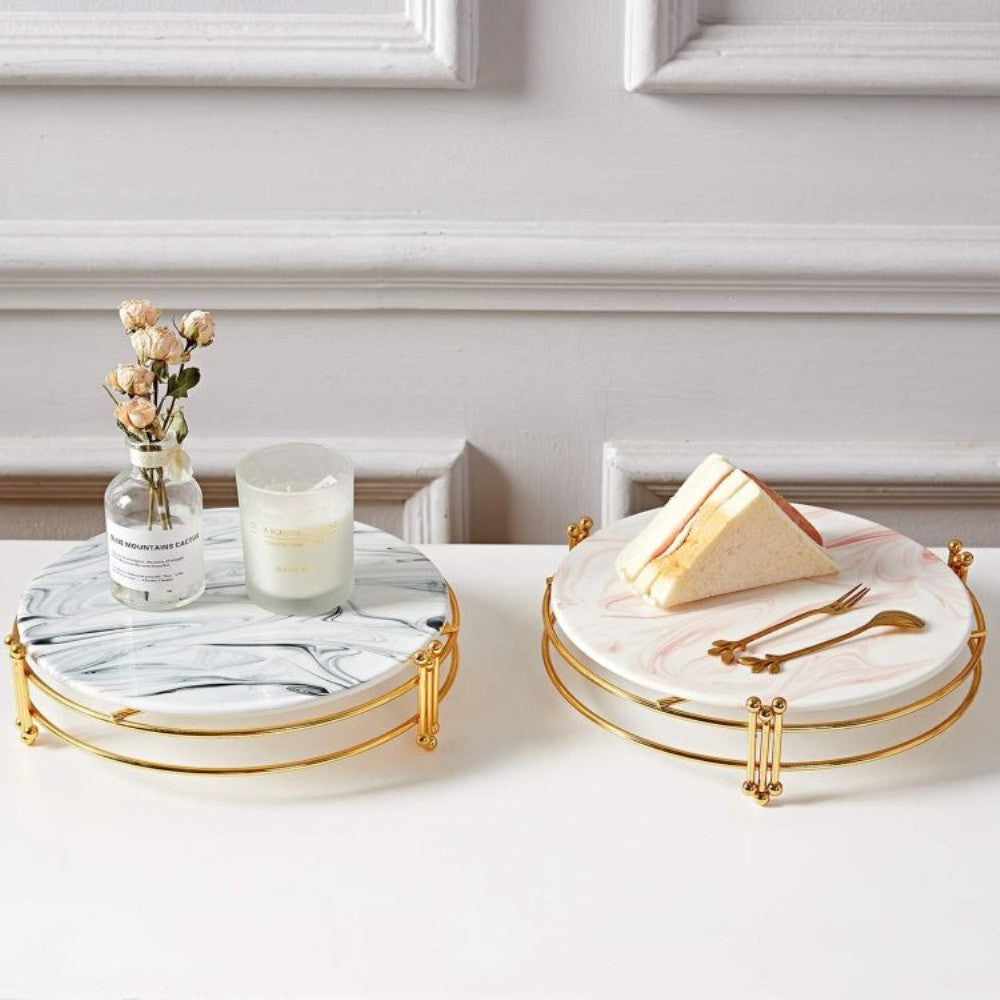 Marble Design Round Display Tray on golden stand