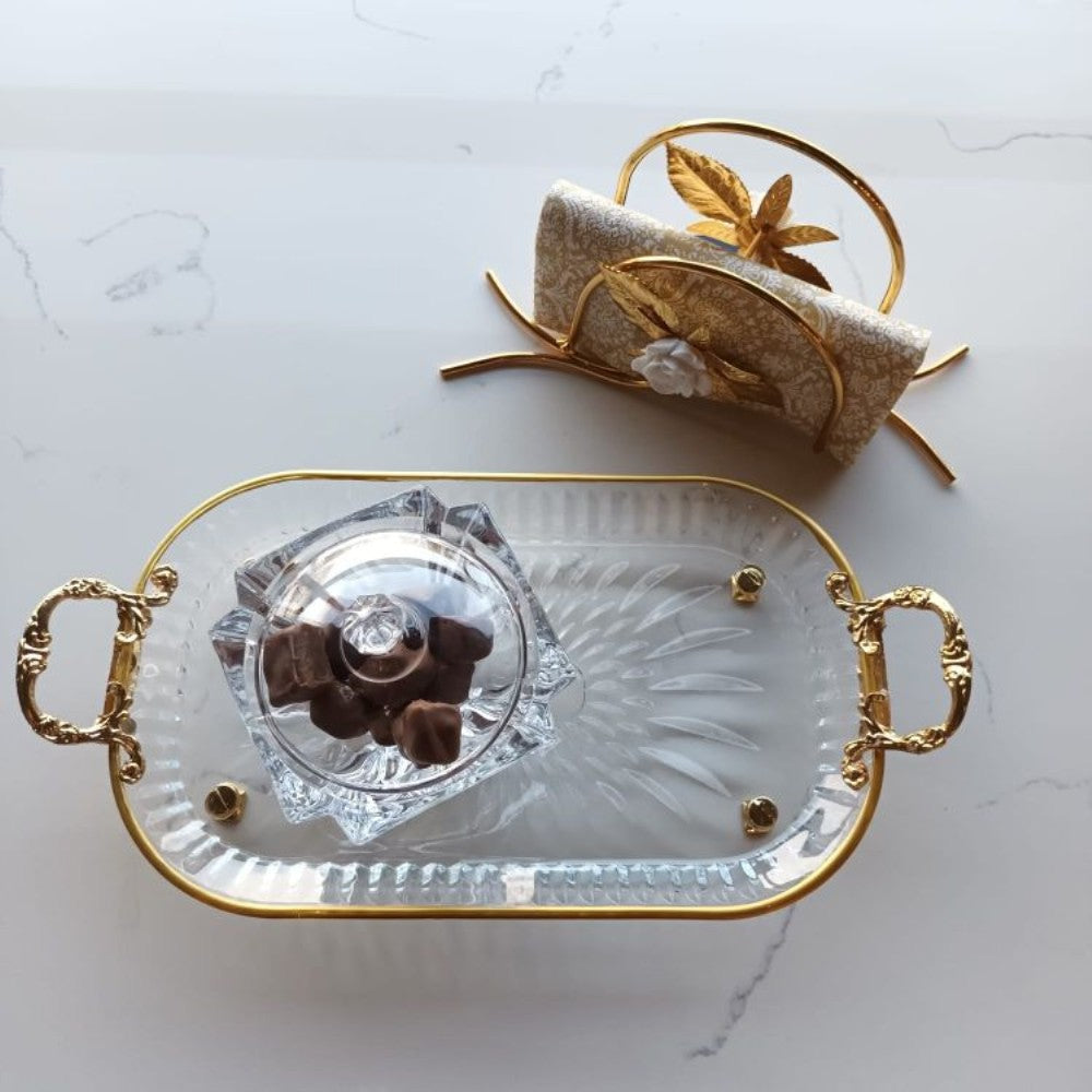 Oval shaped glass Tray with Ornate Handle