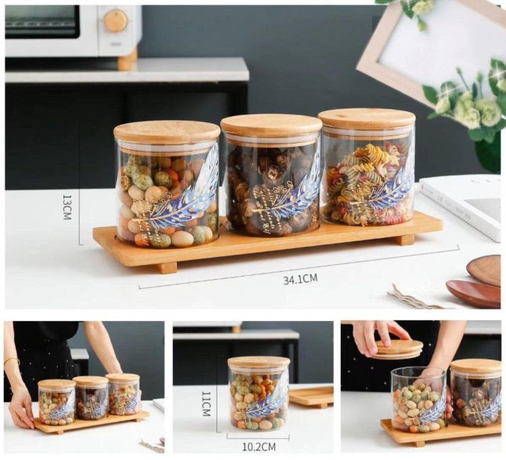 3pc Glass Jar Set on Wooden Stand - Feather Detail