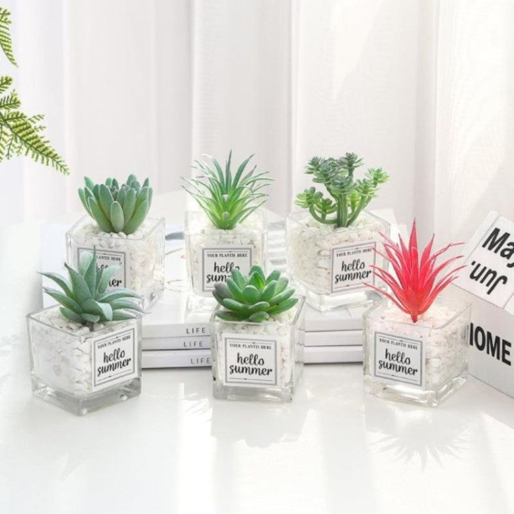 Artificial Plant in "Hello Summer" Glass Pot
