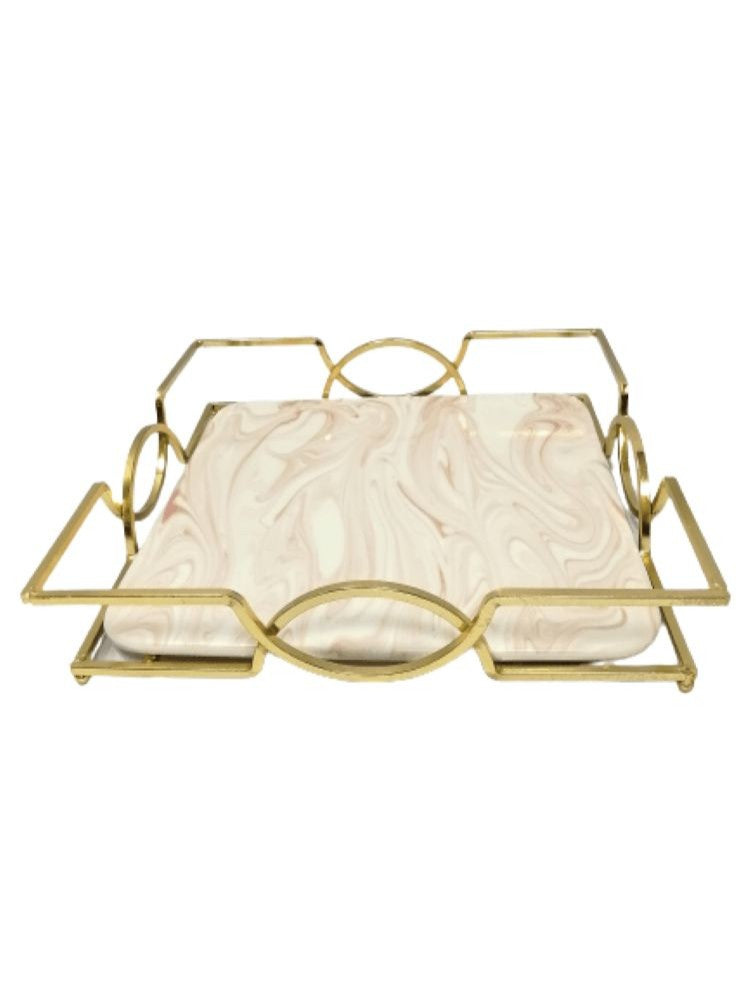 Marble Design Square Display Tray on shaped golden stand