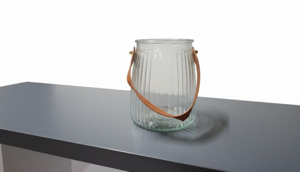 Vase short grey lines with leather look handle