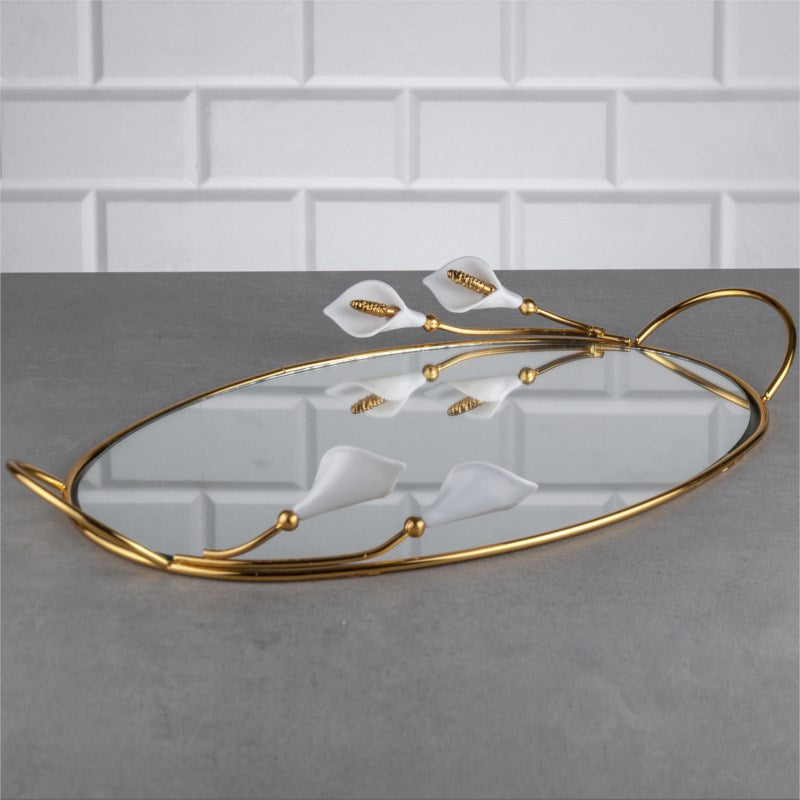 Oval Mirrored Tray with White Arum Lily