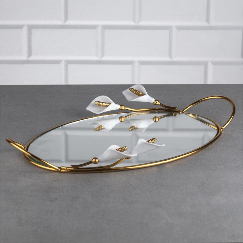 Oval Mirrored Tray with White Arum Lily