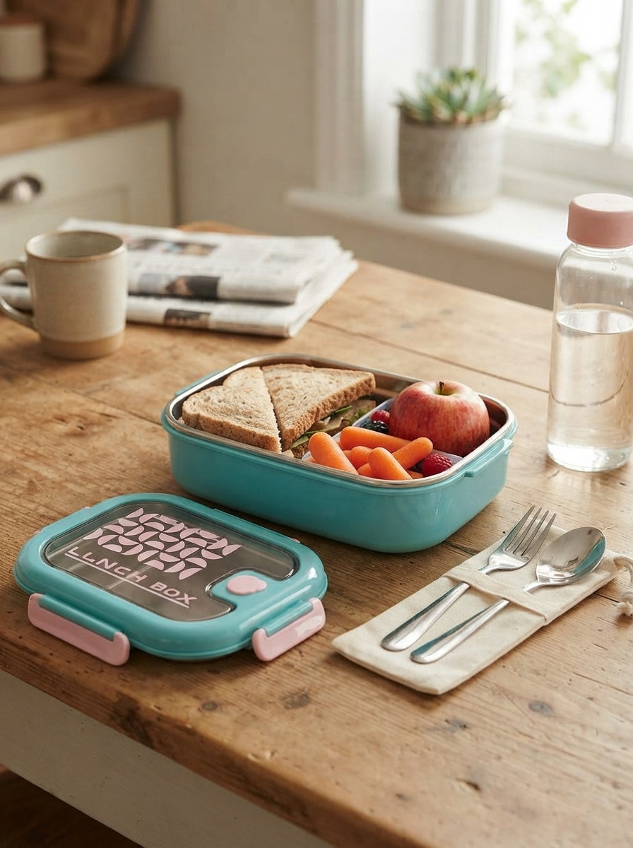 Large Stainless Steel Lunch Box 2div removeable inner clip lock sid