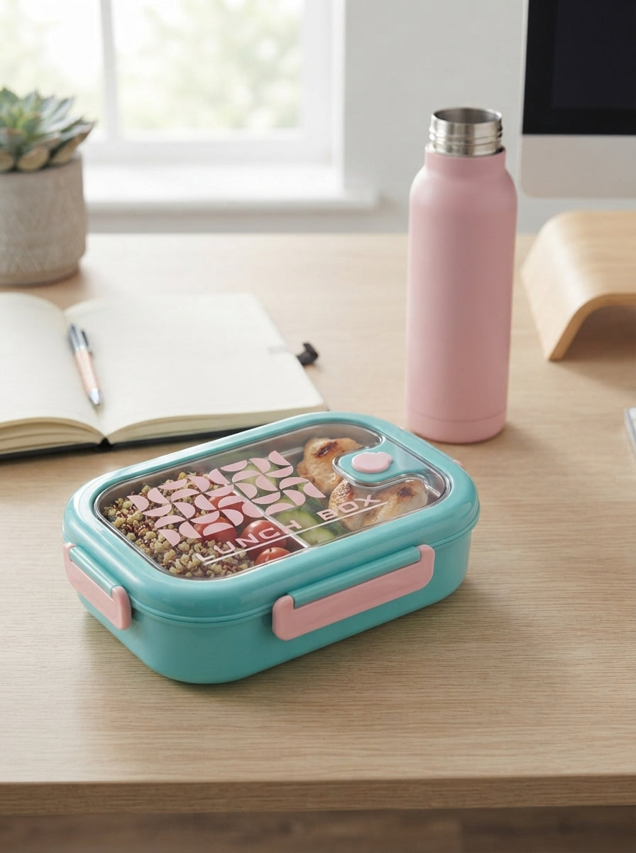 Large Stainless Steel Lunch Box 2div removeable inner clip lock sid