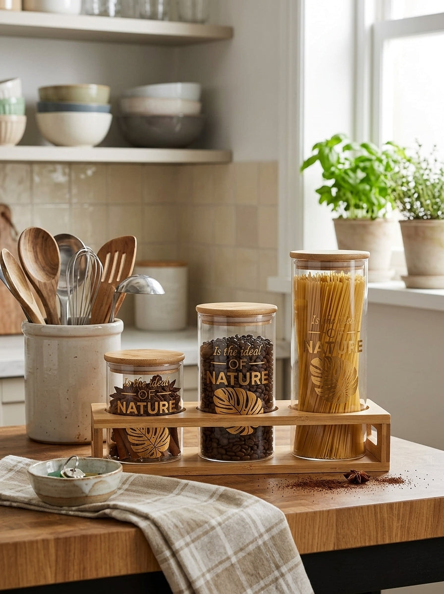 Glass Jar Set on Wooden Stand - Nature Detail