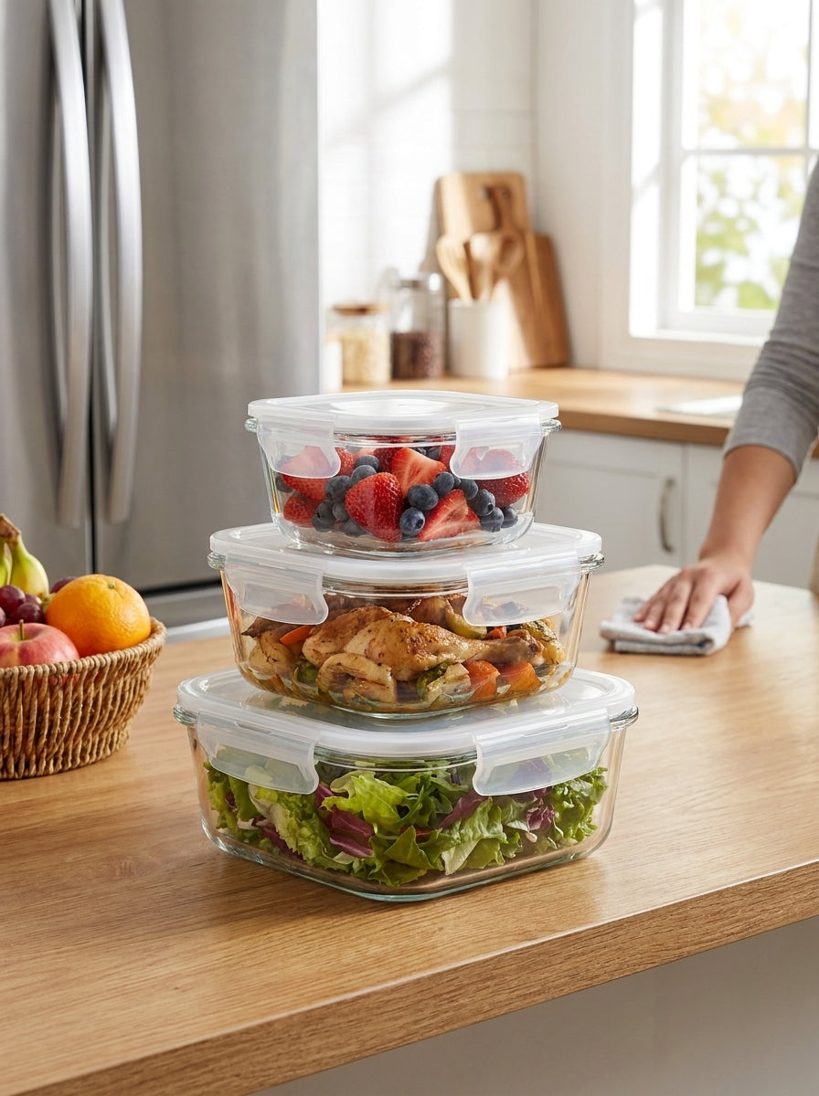 3 Pack Glass Food Storage Container With Clip Lid